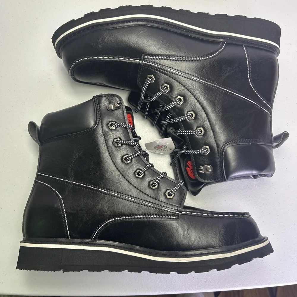 ANGRYRAM Men's Steel Toe Work Boots Size 10 Black Moc Toe Wedge Sole NWB